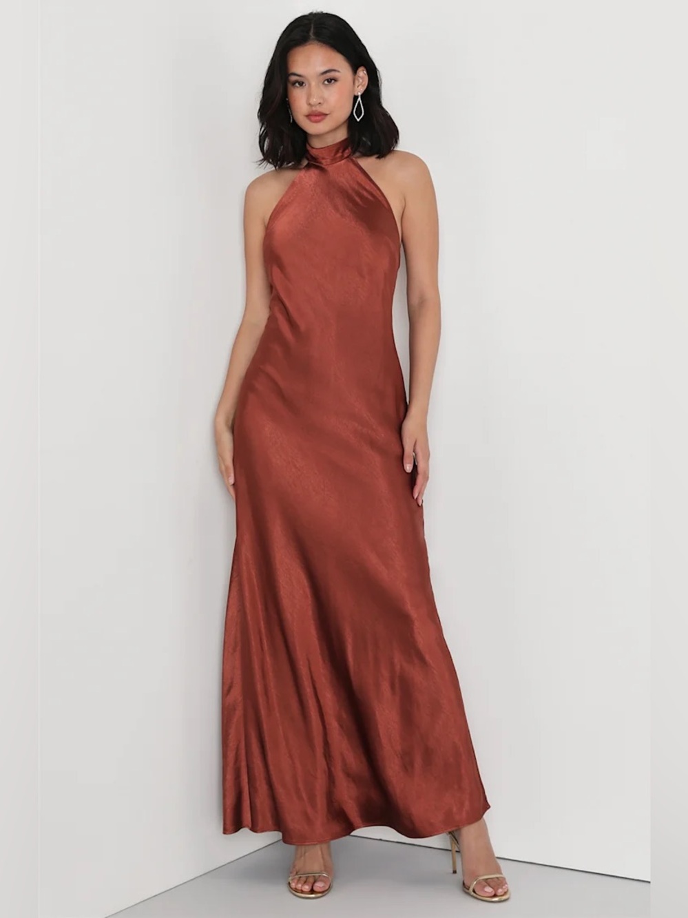 Lulus Love in Your Life Rust Brown Satin Halter Maxi Dress Open Back Gown S NWT - Picture 1 of 9